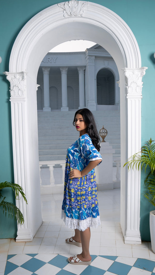 Noroke Sustainable fabric | Cupro Muslin Blue Pottery Tassel Dress - Distacart