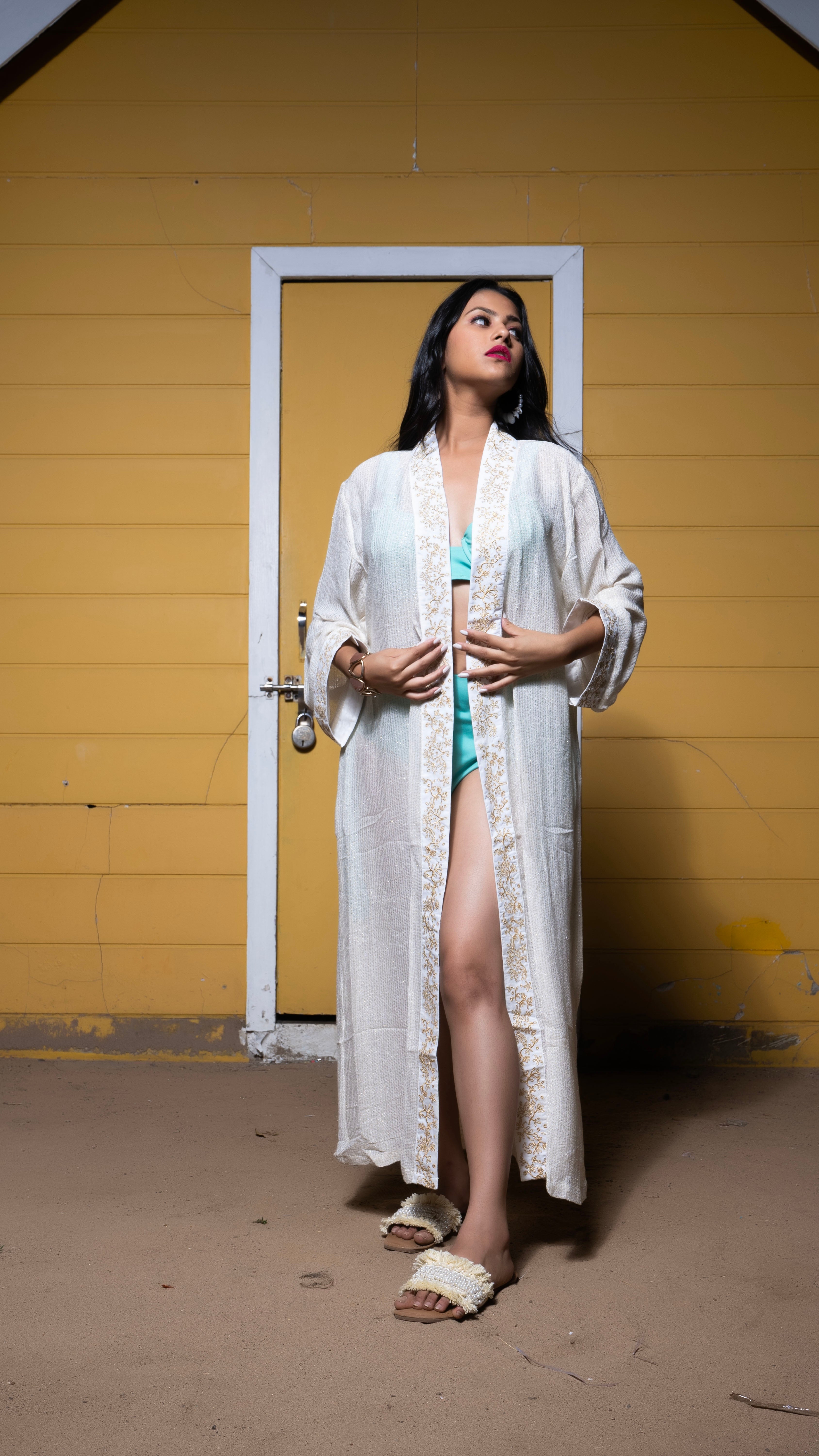 Noroke Sustainable fabric | Handloom Lurex Gold Silver Cover Up Kaftan - Gold Silver - Distacart