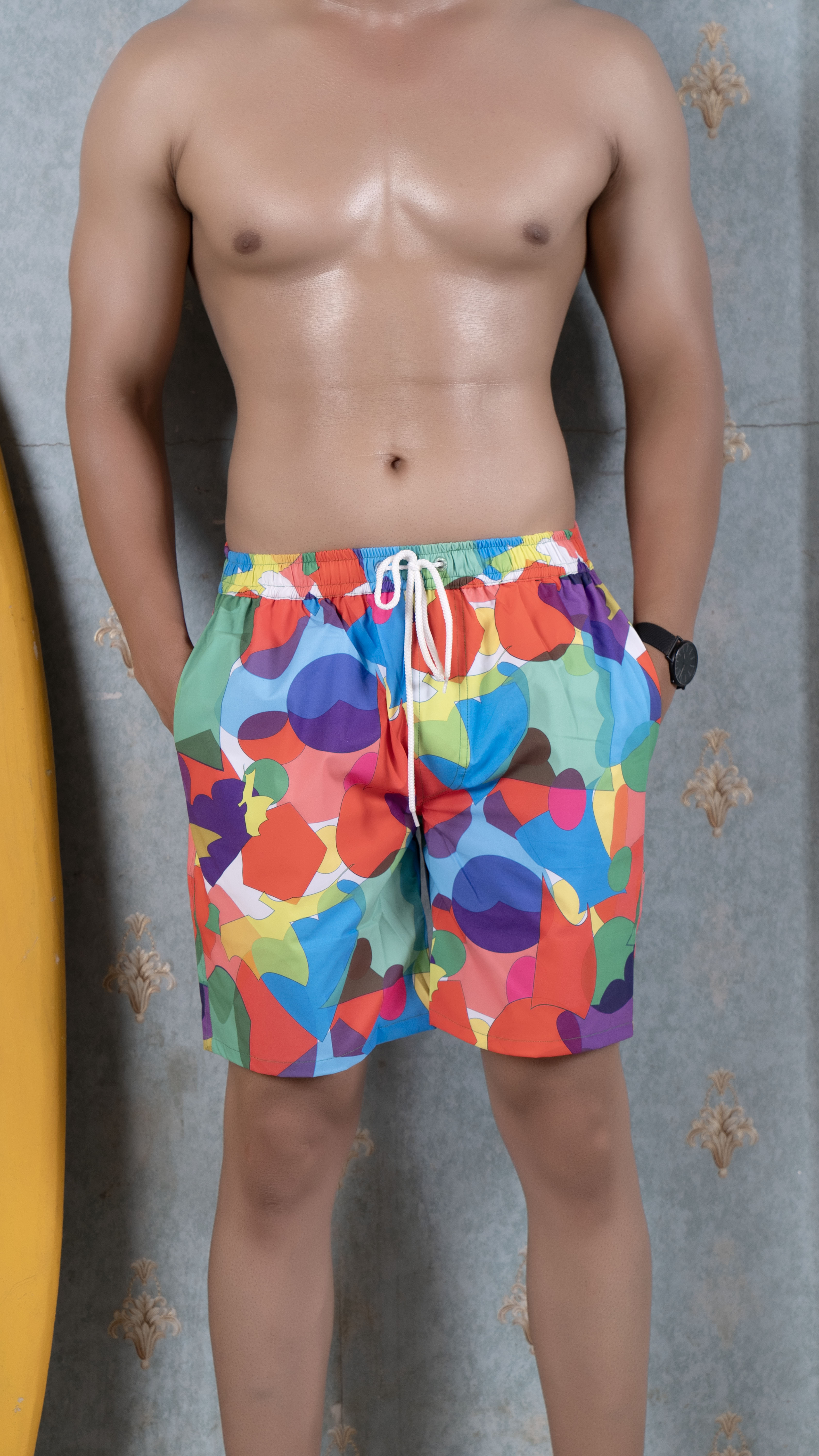 Noroke Sustainable fabric | Poly elastane Red Geometric Patterned Men Board Shorts - Distacart