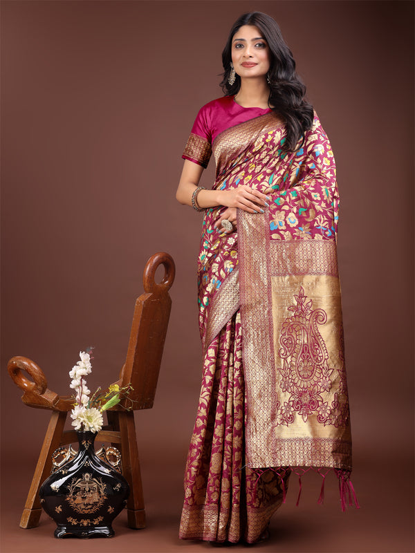 Astita Majestic Magenta Silk Saree with Gold Zari & Floral Design - Perfect for Festive & Traditional Occasions - Distacart