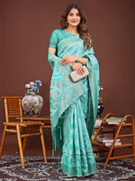 Thumbnail for Astita Grace in Every Thread: Sea green Patola Linen Cotton Saree Woven with Cultural Elegance - Distacart