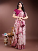Thumbnail for Astita Graceful Cream & Pink Linen Cotton Saree with Rich Zari Pallu - A Touch of Royal Comfort - Distacart