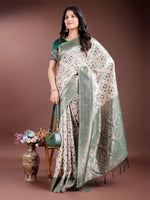 Thumbnail for Astita Graceful Cream & Green Linen Cotton Saree with Rich Zari Pallu - A Touch of Royal Comfort - Distacart