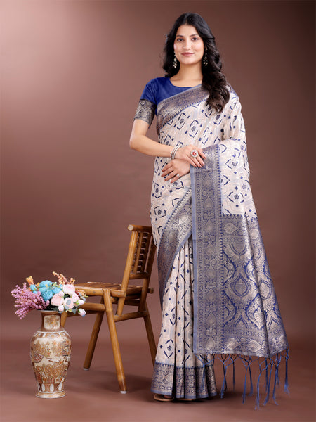 Astita Graceful Cream & Navy Blue Linen Cotton Saree with Rich Zari Pallu - A Touch of Royal Comfort - Distacart