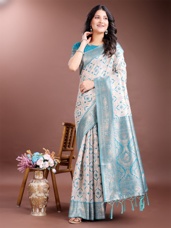 Astita Graceful Cream & Sea Green Linen Cotton Saree with Rich Zari Pallu - A Touch of Royal Comfort - Distacart