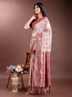 Thumbnail for Astita Graceful Cream & Red Linen Cotton Saree with Rich Zari Pallu - A Touch of Royal Comfort - Distacart