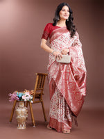 Thumbnail for Astita Graceful Cream & Red Linen Cotton Saree with Rich Zari Pallu - A Touch of Royal Comfort - Distacart
