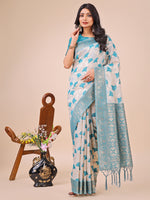 Thumbnail for Astita Elegant Off-White & Teal Linen Cotton Saree with Zari Woven Border and Pallu - Soft Lightweight Saree for Daily,Festive & Office Wear - Distacart