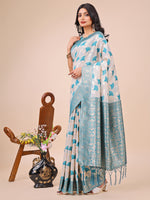 Thumbnail for Astita Elegant Off-White & Teal Linen Cotton Saree with Zari Woven Border and Pallu - Soft Lightweight Saree for Daily,Festive & Office Wear - Distacart