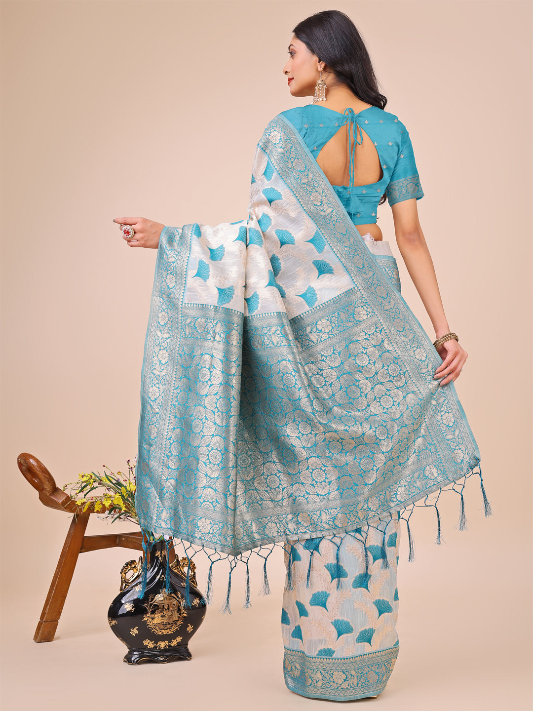 Astita Elegant Off-White & Teal Linen Cotton Saree with Zari Woven Border and Pallu - Soft Lightweight Saree for Daily,Festive & Office Wear - Distacart