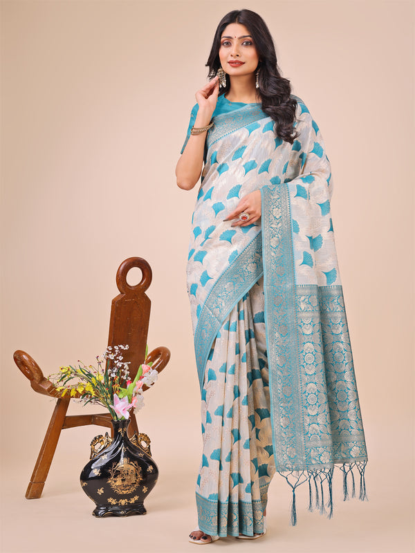 Astita Elegant Off-White & Teal Linen Cotton Saree with Zari Woven Border and Pallu - Soft Lightweight Saree for Daily,Festive & Office Wear - Distacart