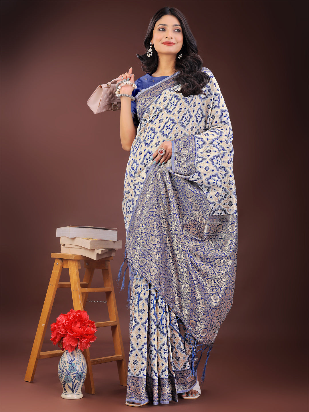 Astita Blue Linen Saree with Rich Woven Zari Work - Elegant Ethnic Saree for Festive & Office Wear - Distacart