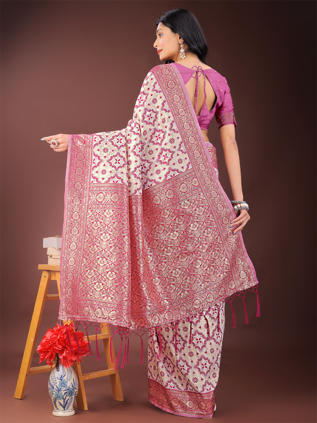 Astita Pink Linen Saree with Rich Woven Zari Work - Elegant Ethnic Saree for Festive & Office Wear - Distacart