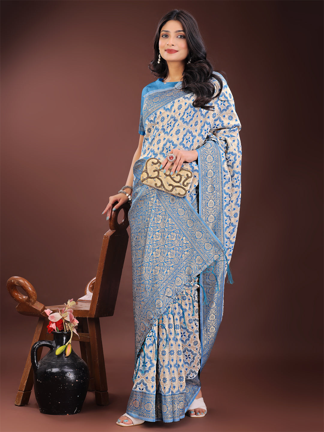 Astita Sky Blue Linen Saree with Rich Woven Zari Work - Elegant Ethnic Saree for Festive & Office Wear - Distacart