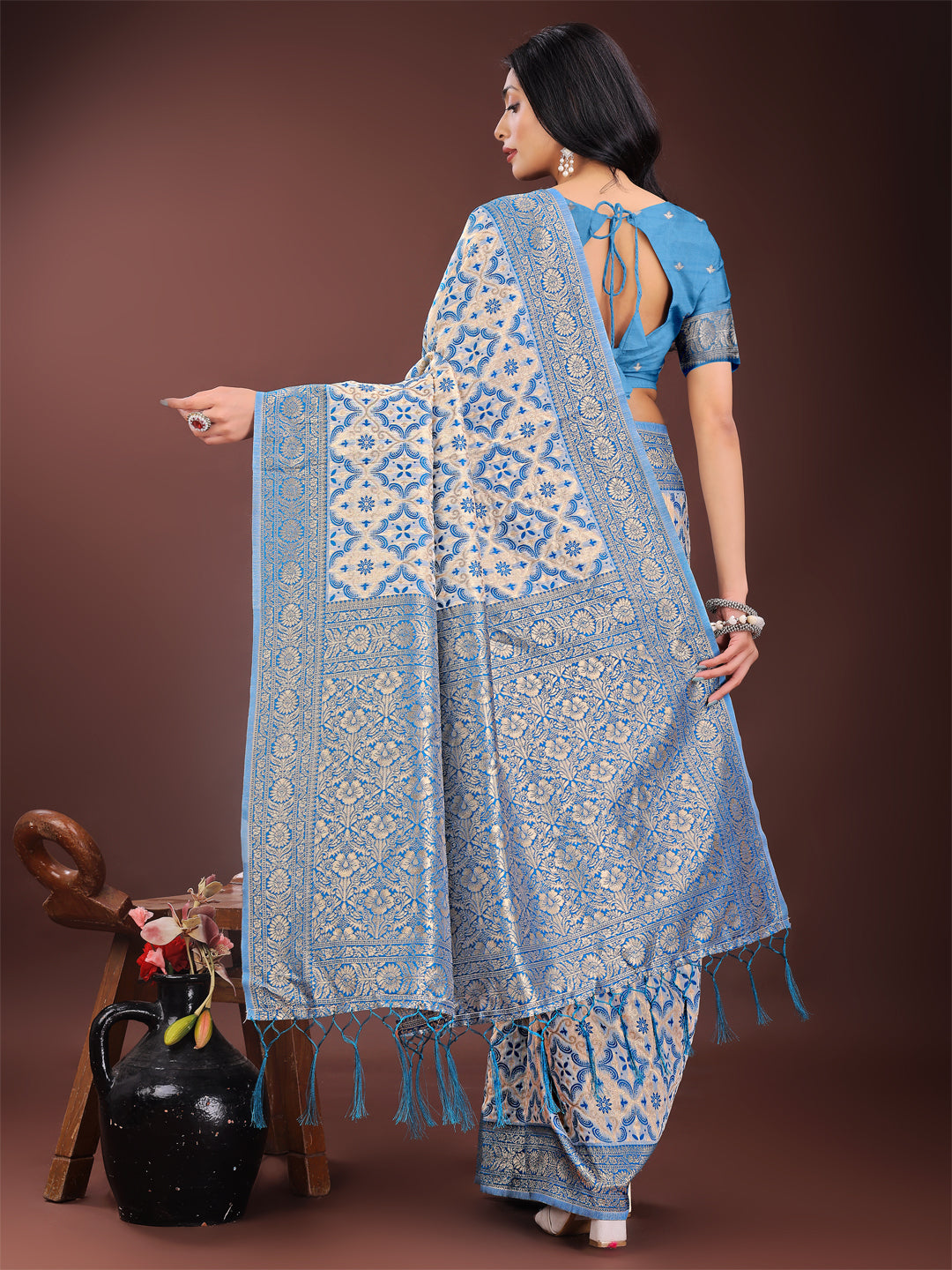 Astita Sky Blue Linen Saree with Rich Woven Zari Work - Elegant Ethnic Saree for Festive & Office Wear - Distacart