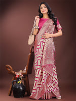 Thumbnail for Astita Elegant Pink & Cream Linen Saree with Geometric Design and Zari Border - Festive & Party Wear - Distacart