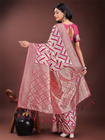 Thumbnail for Astita Elegant Pink & Cream Linen Saree with Geometric Design and Zari Border - Festive & Party Wear - Distacart