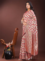 Thumbnail for Astita Elegant Red & Cream Linen Saree with Geometric Design and Zari Border - Festive & Party Wear - Distacart