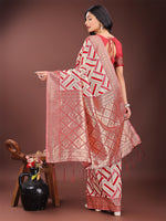 Thumbnail for Astita Elegant Red & Cream Linen Saree with Geometric Design and Zari Border - Festive & Party Wear - Distacart