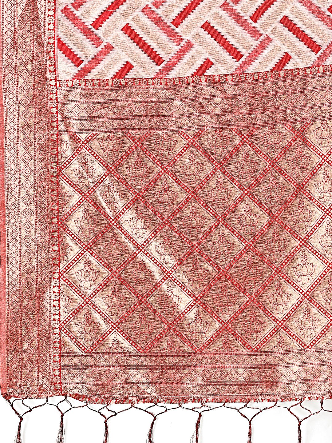 Astita Elegant Red & Cream Linen Saree with Geometric Design and Zari Border - Festive & Party Wear - Distacart