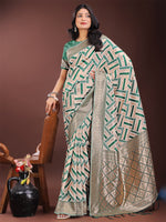 Thumbnail for Astita Elegant Green & Cream Linen Saree with Geometric Design and Zari Border - Festive & Party Wear - Distacart