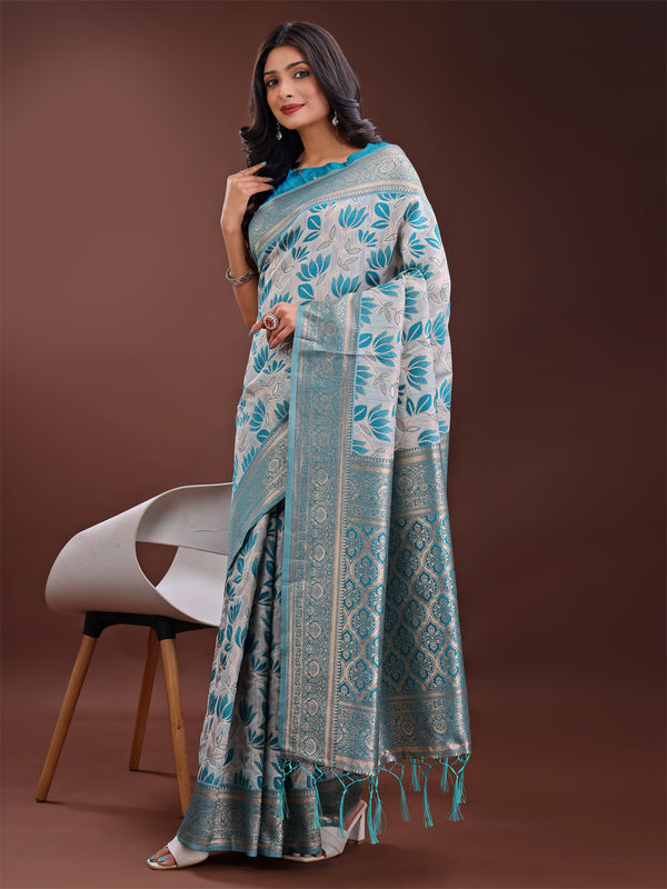 Astita Stunning Beige & Sea Green Linen Saree with Floral Print and Rich Zari Pallu - Festive & Traditional Wear - Distacart