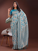 Thumbnail for Astita Stunning Beige & Sea Green Linen Saree with Floral Print and Rich Zari Pallu - Festive & Traditional Wear - Distacart