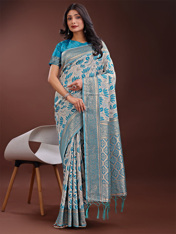 Astita Stunning Beige & Sea Green Linen Saree with Floral Print and Rich Zari Pallu - Festive & Traditional Wear - Distacart