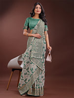 Thumbnail for Astita Stunning Beige & Green Linen Saree with Floral Print and Rich Zari Pallu - Festive & Traditional Wear - Distacart