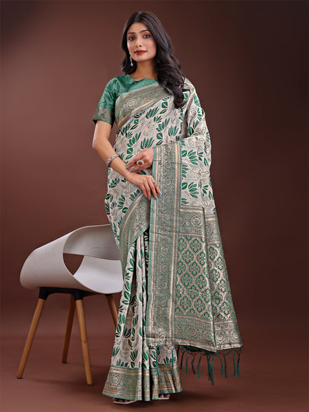 Astita Stunning Beige & Green Linen Saree with Floral Print and Rich Zari Pallu - Festive & Traditional Wear - Distacart