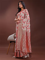 Thumbnail for Astita Stunning Beige & Red Linen Saree with Floral Print and Rich Zari Pallu - Festive & Traditional Wear - Distacart