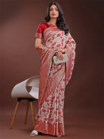 Thumbnail for Astita Stunning Beige & Red Linen Saree with Floral Print and Rich Zari Pallu - Festive & Traditional Wear - Distacart