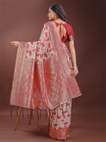 Thumbnail for Astita Stunning Beige & Red Linen Saree with Floral Print and Rich Zari Pallu - Festive & Traditional Wear - Distacart