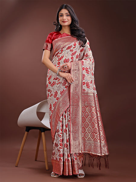 Astita Stunning Beige & Red Linen Saree with Floral Print and Rich Zari Pallu - Festive & Traditional Wear - Distacart