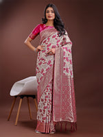 Thumbnail for Astita Stunning Beige & Purple Linen Saree with Floral Print and Rich Zari Pallu - Festive & Traditional Wear - Distacart
