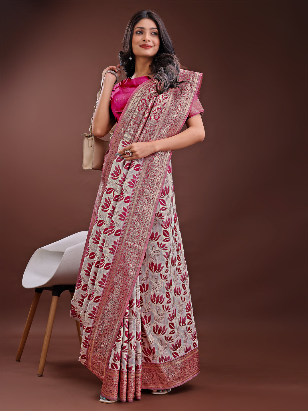 Astita Stunning Beige & Purple Linen Saree with Floral Print and Rich Zari Pallu - Festive & Traditional Wear - Distacart