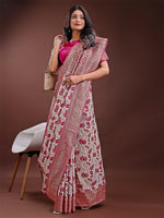 Thumbnail for Astita Stunning Beige & Purple Linen Saree with Floral Print and Rich Zari Pallu - Festive & Traditional Wear - Distacart