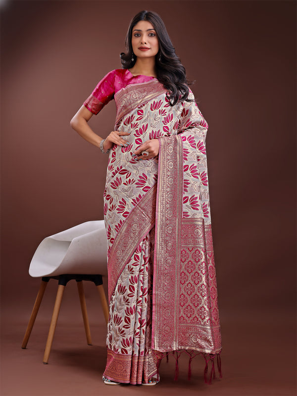 Astita Stunning Beige & Purple Linen Saree with Floral Print and Rich Zari Pallu - Festive & Traditional Wear - Distacart
