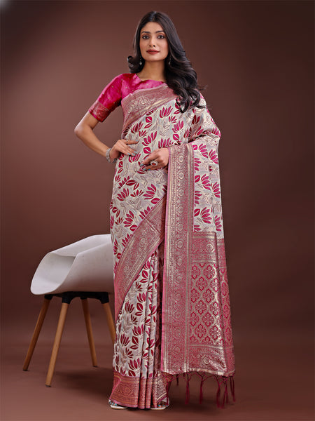 Astita Stunning Beige & Purple Linen Saree with Floral Print and Rich Zari Pallu - Festive & Traditional Wear - Distacart
