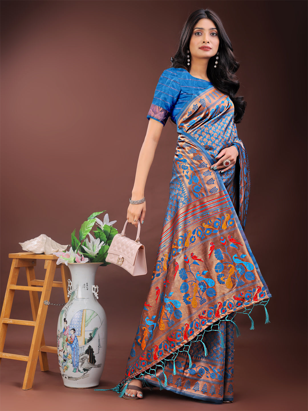 Astita Vibrant Copper & Blue Banarasi Silk Saree with Colorful Pallu - Perfect Blend of Tradition and Festive Elegance - Distacart