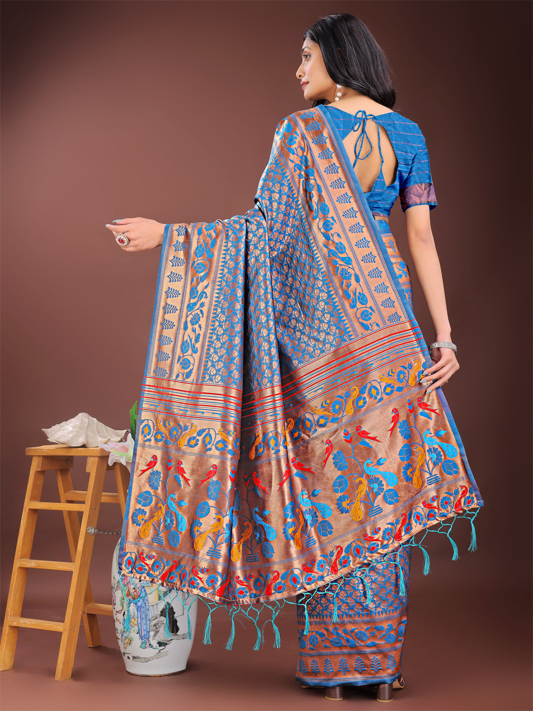 Astita Vibrant Copper & Blue Banarasi Silk Saree with Colorful Pallu - Perfect Blend of Tradition and Festive Elegance - Distacart