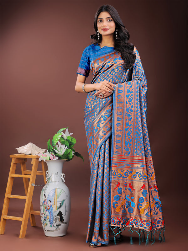 Astita Vibrant Copper & Blue Banarasi Silk Saree with Colorful Pallu - Perfect Blend of Tradition and Festive Elegance - Distacart