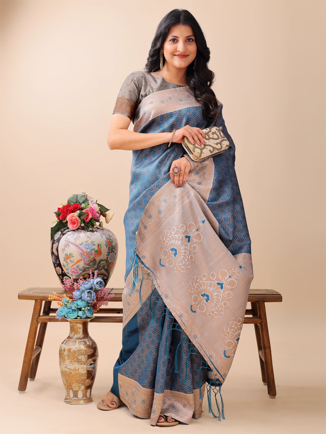 Astita Graceful Blue & Beige Lichi Silk Saree with Elegant Woven Pallu - Timeless Beauty for Every Occasion - Distacart
