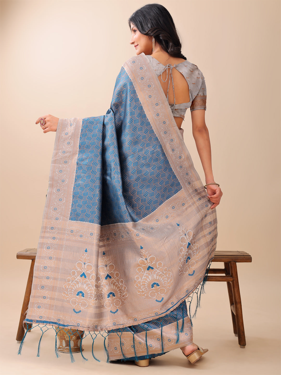 Astita Graceful Blue & Beige Lichi Silk Saree with Elegant Woven Pallu - Timeless Beauty for Every Occasion - Distacart