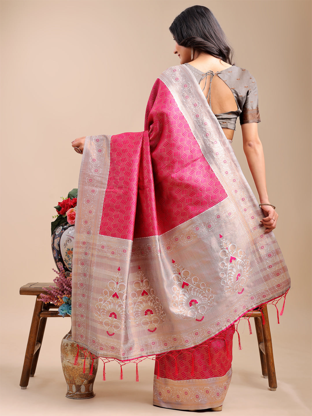 Astita Graceful Pink & Beige Lichi Silk Saree with Elegant Woven Pallu - Timeless Beauty for Every Occasion - Distacart