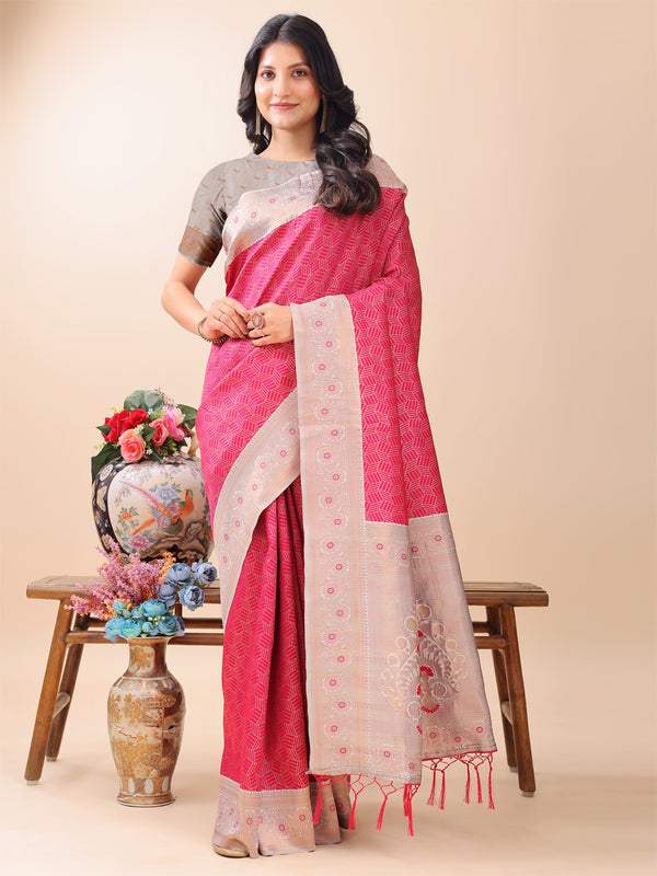 Astita Graceful Pink & Beige Lichi Silk Saree with Elegant Woven Pallu - Timeless Beauty for Every Occasion - Distacart