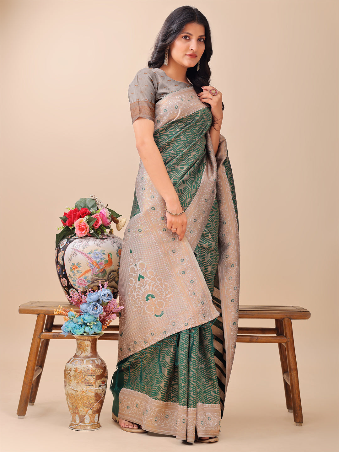 Astita Graceful Green & Beige Lichi Silk Saree with Elegant Woven Pallu - Timeless Beauty for Every Occasion - Distacart