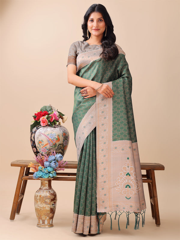 Astita Graceful Green & Beige Lichi Silk Saree with Elegant Woven Pallu - Timeless Beauty for Every Occasion - Distacart