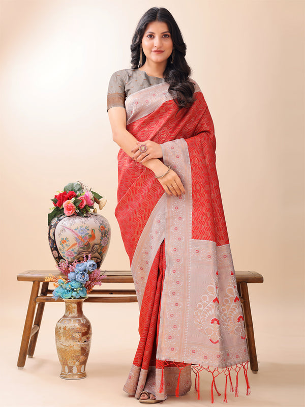Astita Graceful Red & Beige Lichi Silk Saree with Elegant Woven Pallu - Timeless Beauty for Every Occasion - Distacart