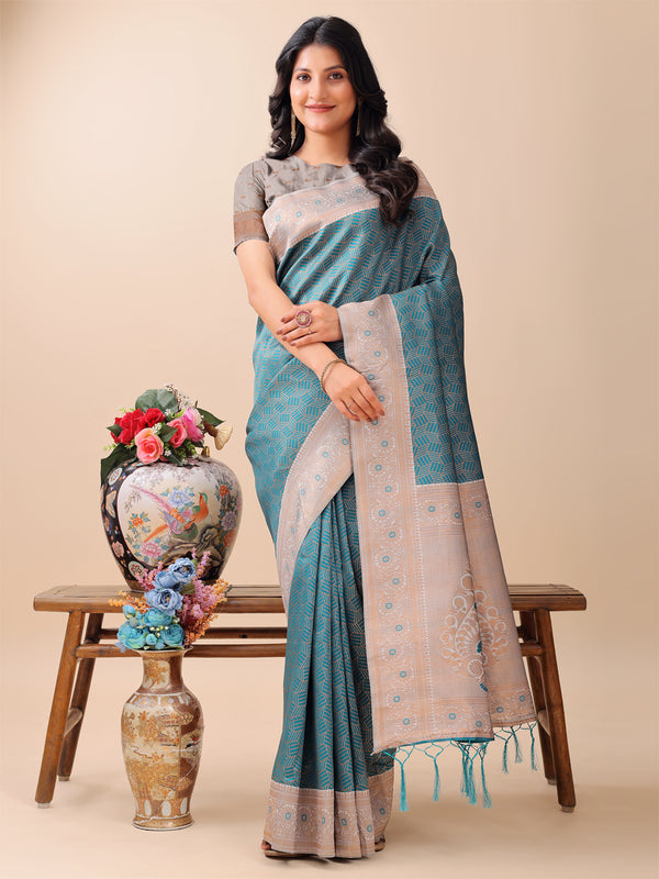 Astita Graceful Teal & Beige Lichi Silk Saree with Elegant Woven Pallu - Timeless Beauty for Every Occasion - Distacart